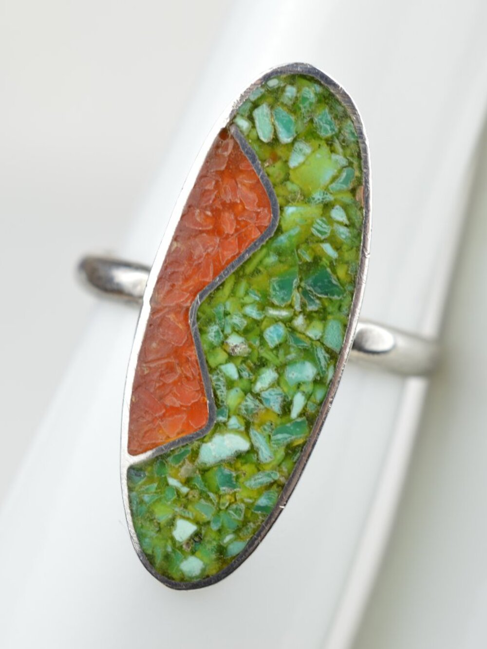 Vintage Native American Sterling Silver Turquoise Coral Inlay Ring Sz 4.5